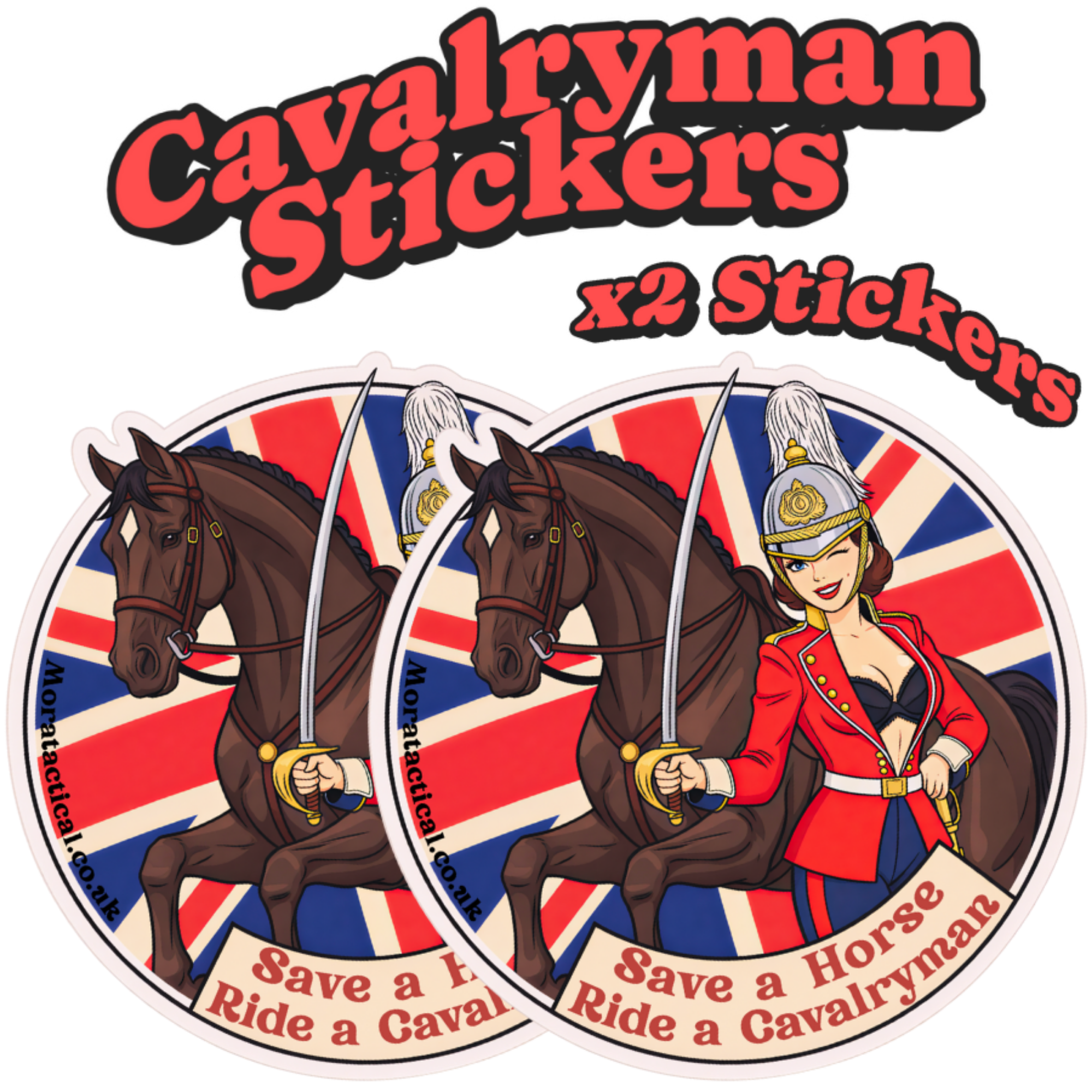 HCR Cavlaryman pin up girl sticker with a horse and British flag.