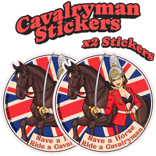 HCR Cavlaryman pin up girl sticker with a horse and British flag with the caption save a horse, ride a Cavalryman.