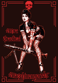 German WW2 pin up girl with tattoos and a MG42 on a retro poster designed by British soldier.