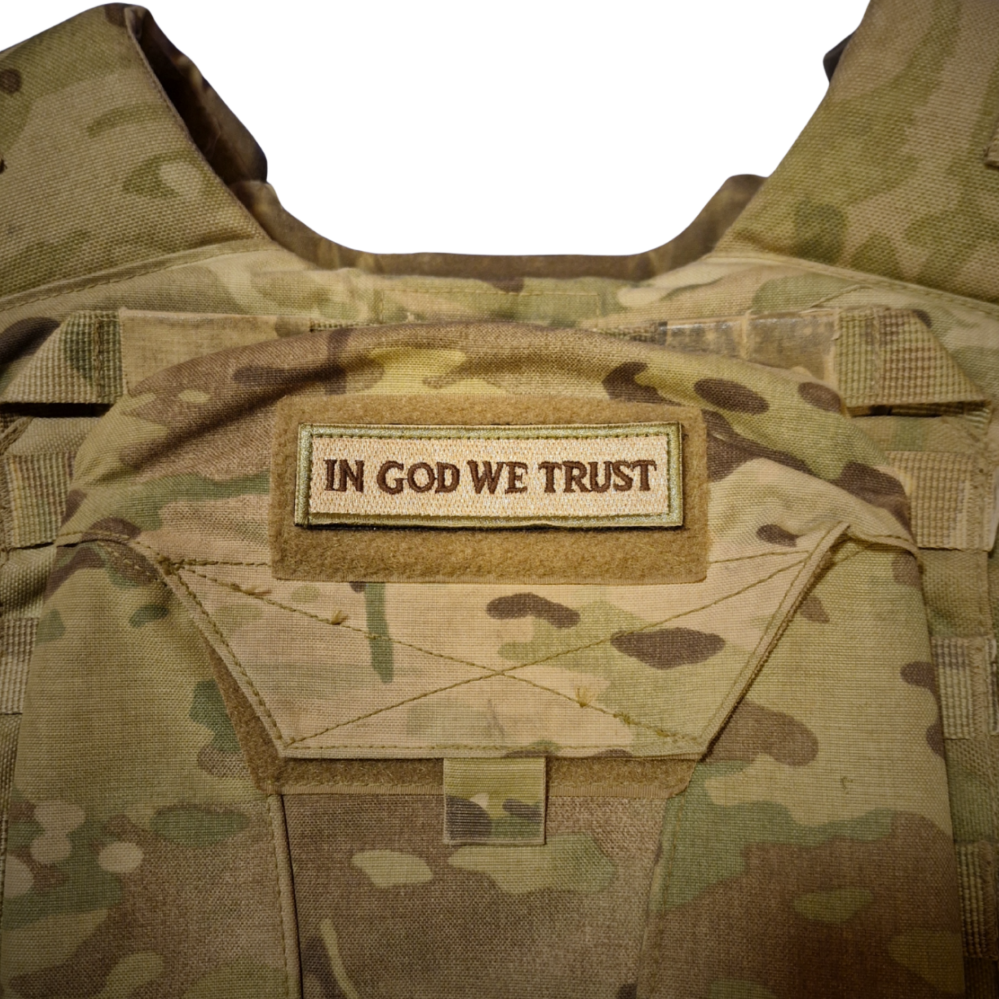 Christian in God we trust morale patch on a British Army Virtus body armour.