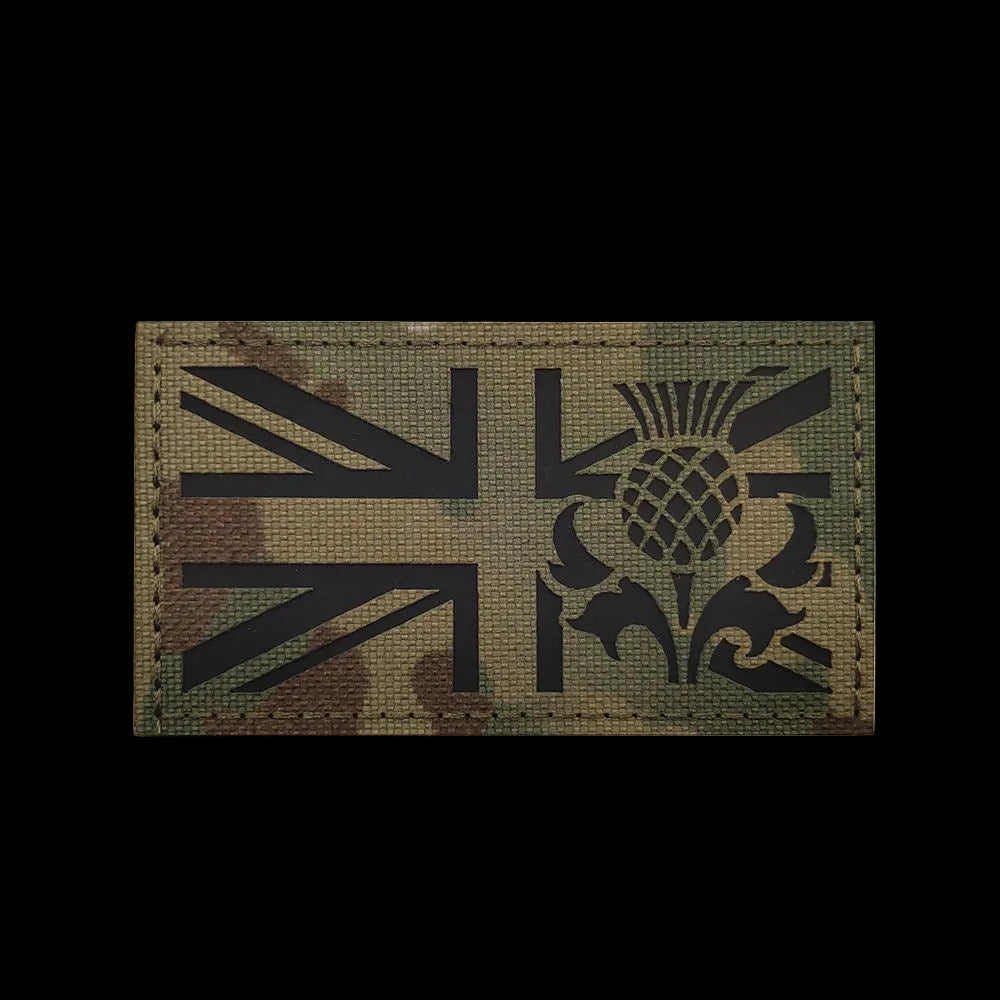 Patch with Union Jack design and Scottish thistle symbol on a Multicam textured background.