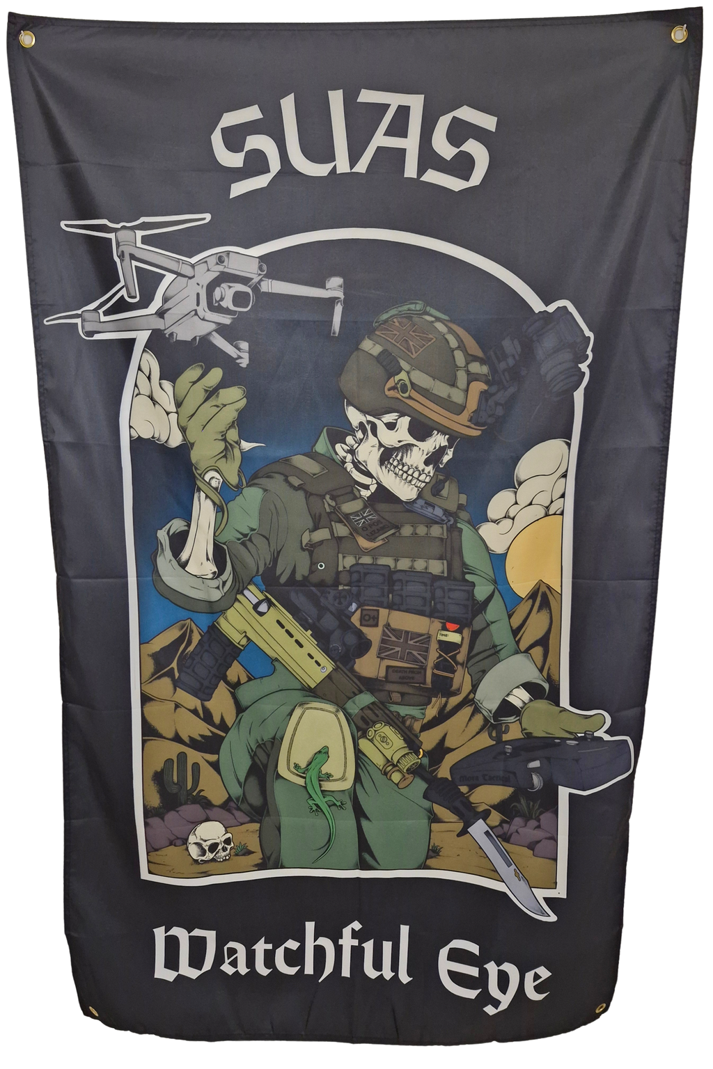 SUAS drone watchful eye flag. british army soldier with drone flag