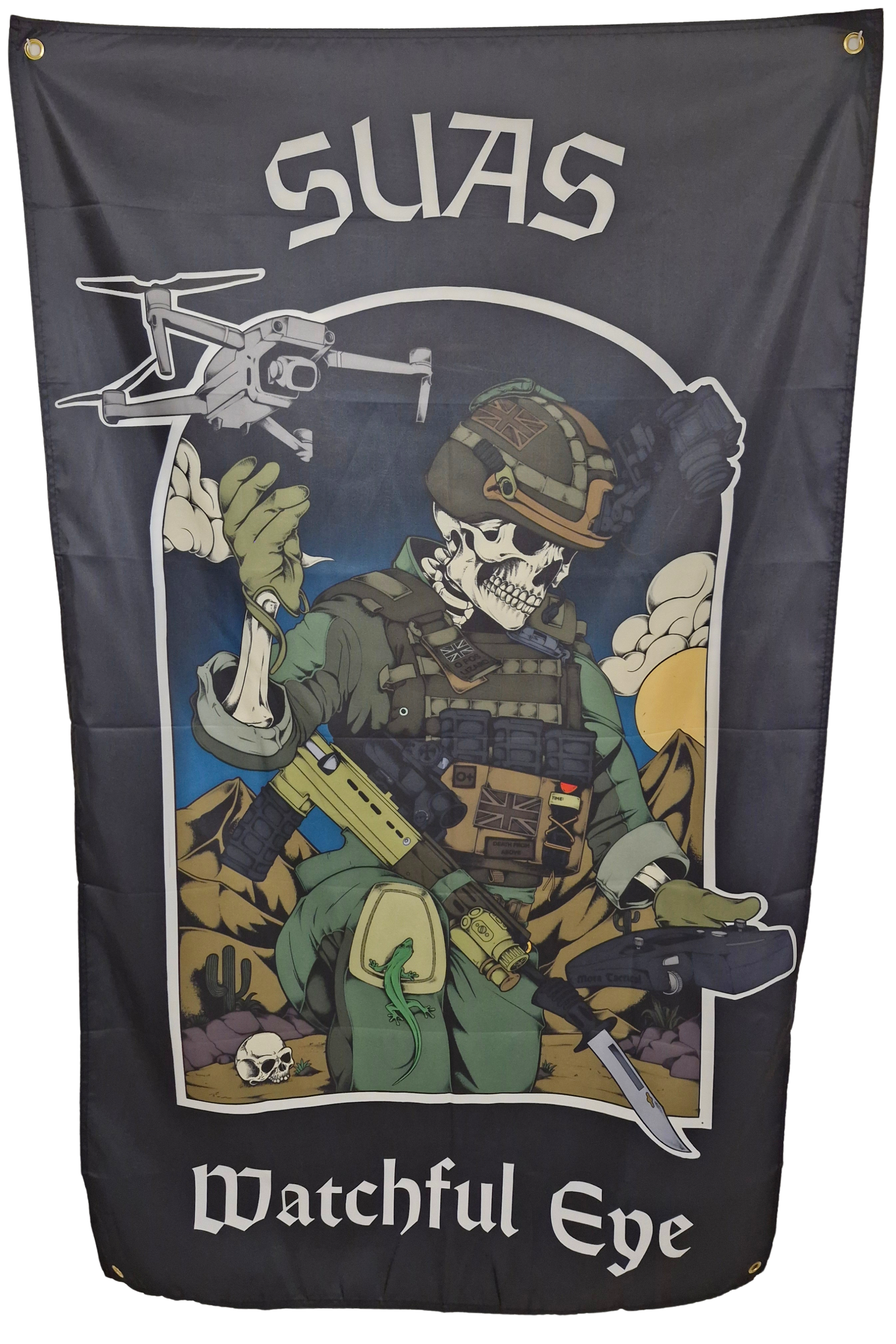 SUAS drone watchful eye flag. british army soldier with drone flag