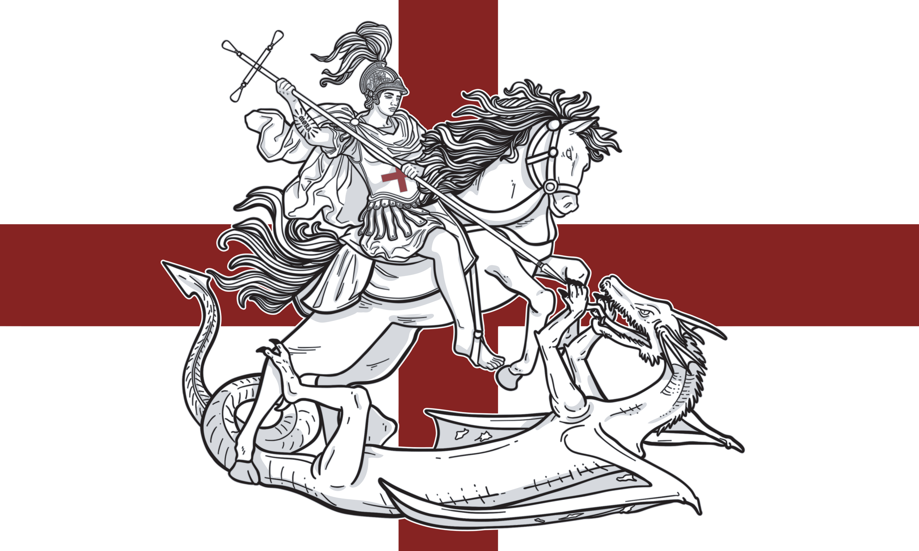 Saint George England Flag. Saint George on a horse with a spear and the dragon design.