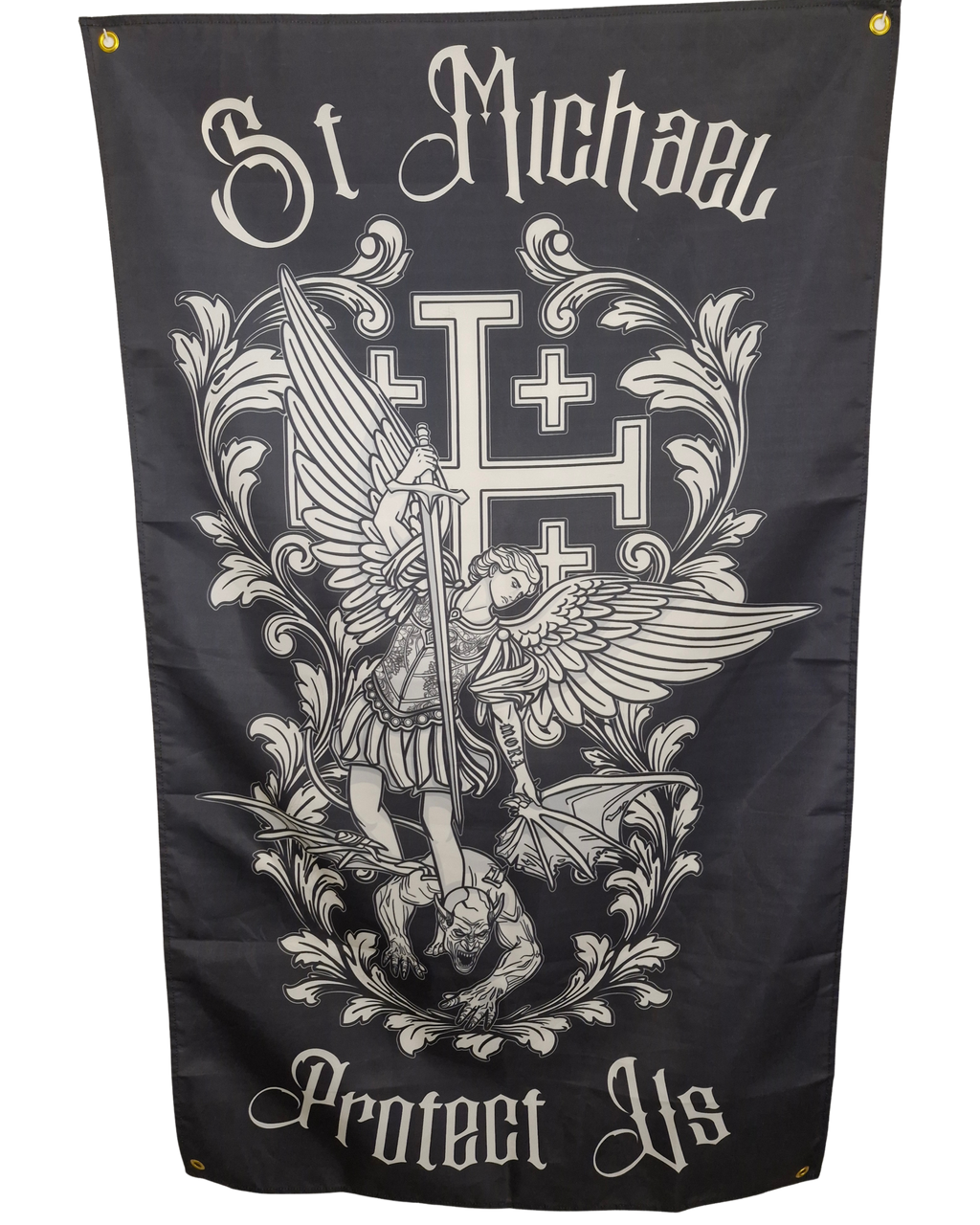 Saint Michael Archangel Protect Us Black & White Flag. Designed by British soldiers for Christian Soldiers.