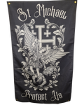 Saint Michael Archangel Protect Us Black & White Flag. Designed by British soldiers for Christian Soldiers.