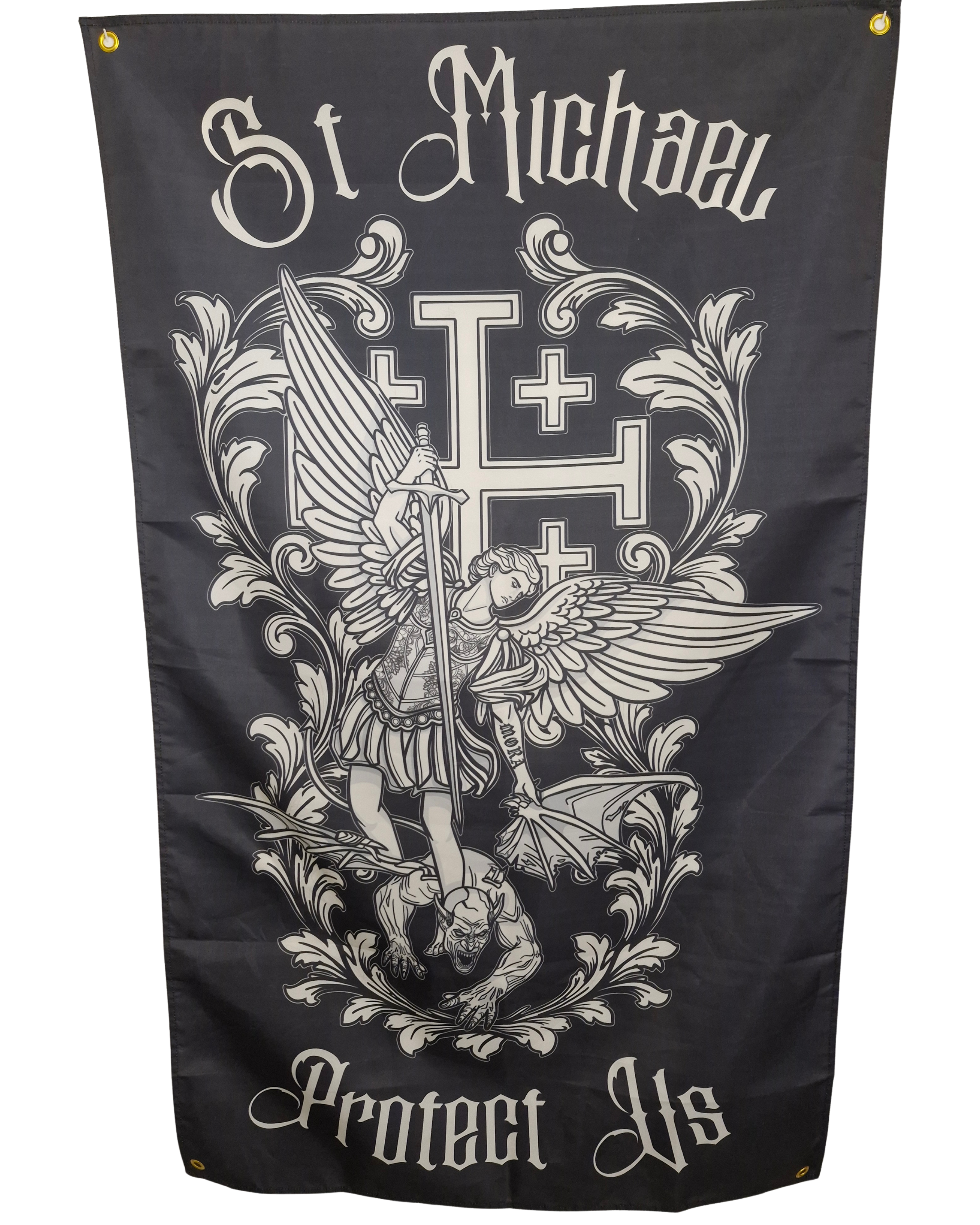 Saint Michael Archangel Protect Us Black & White Flag. Designed by British soldiers for Christian Soldiers.