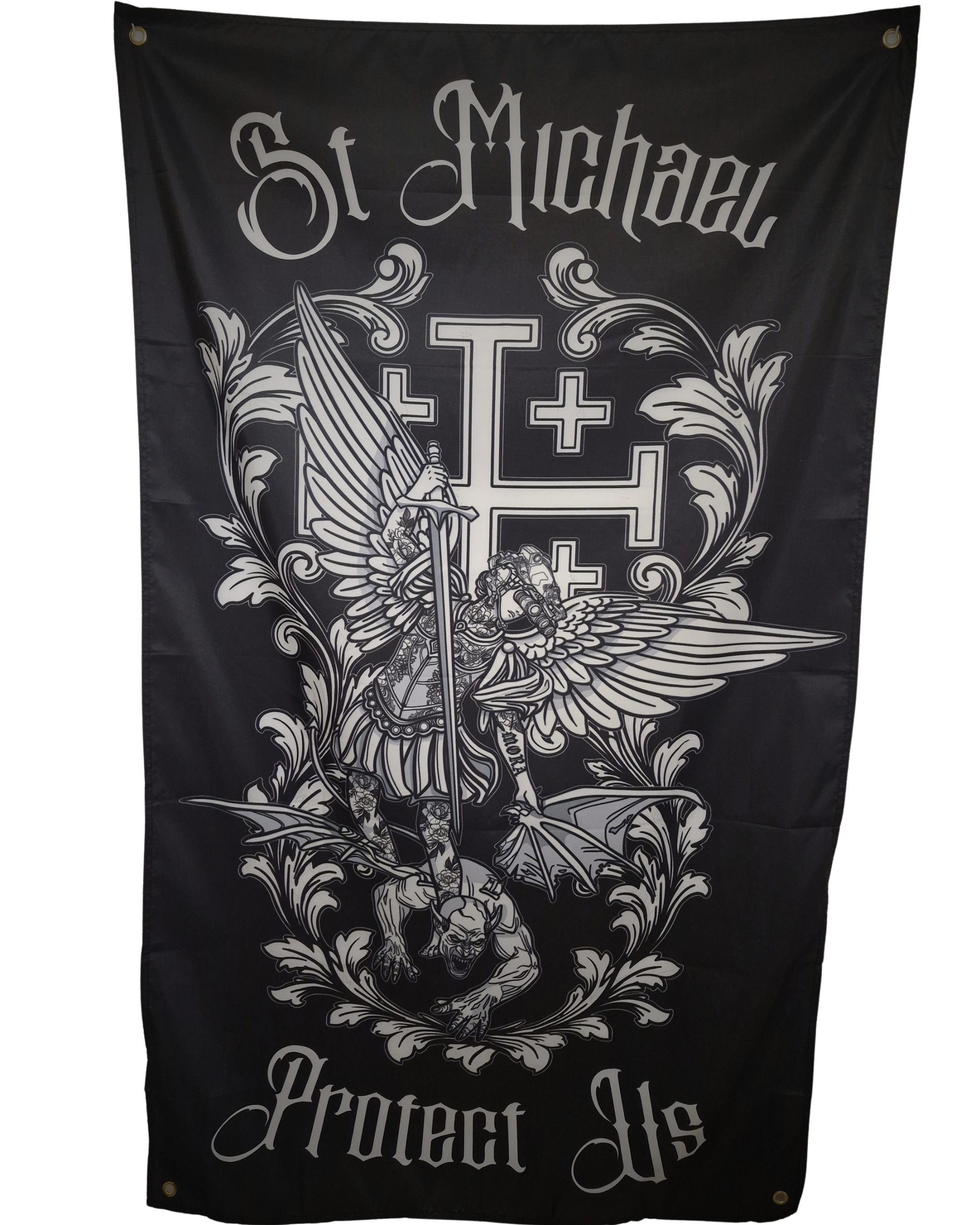 Saint Michael in SF tactical kit with tattoos on a flag. Christian Apparel & Flag