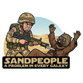 British Army Iraq War soldier pointing sa80 rifle bayonet into a sandperson from starwars. With caption sandpeople a problem in every galaxy.