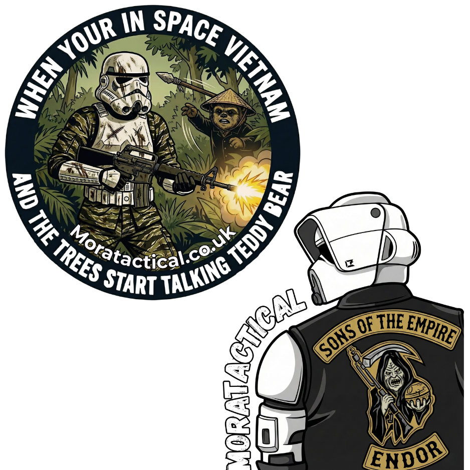 stormtrooper in US Vietnam special forces tiger stripe shooting at Ewoks. Scout trooper in a MC cut.