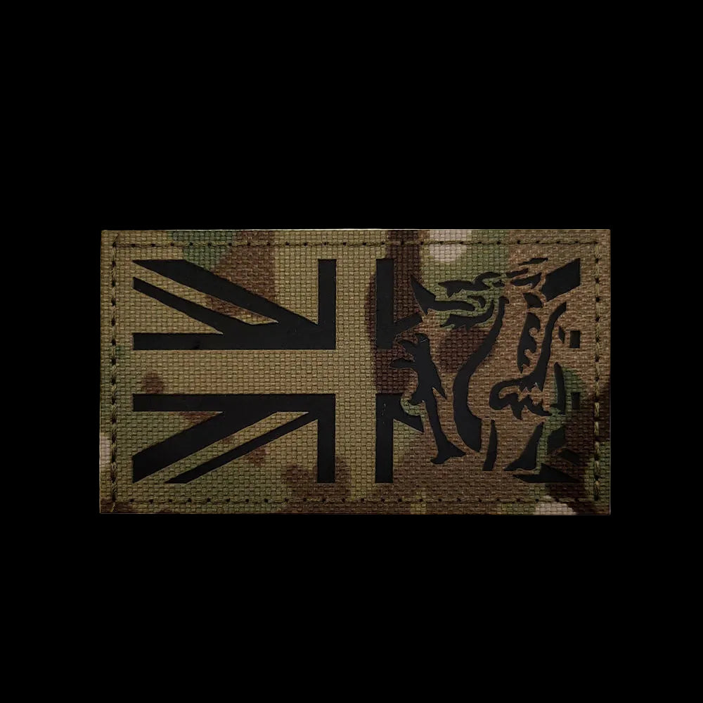 GBR Flag patch with a welsh dragon design on a MTP camouflage background.