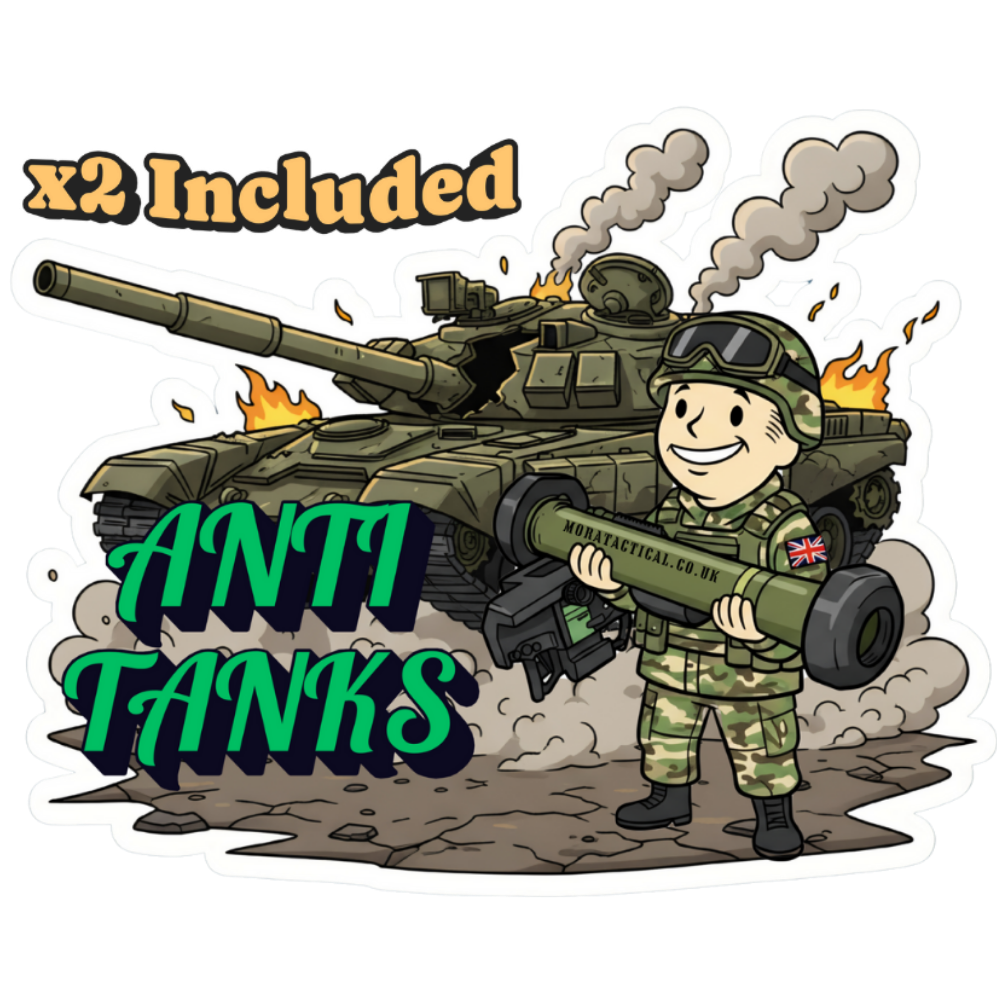 British Army Vault boy with a Javelin and a destroyed russian tank. Anti Tanks sticker.
