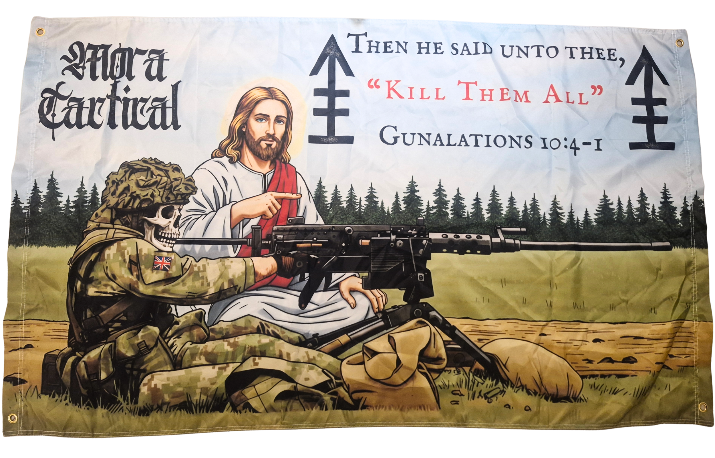 British soldier with a HMG and Jesus pointing over his shoulder Gunalations flag by Mora.