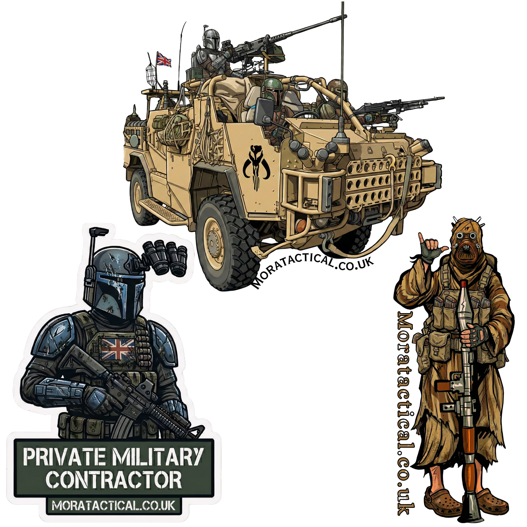 Mandalorians in a British Army Jackal. Sand person with a RPG wearing crocks. Modern Mando merc.
