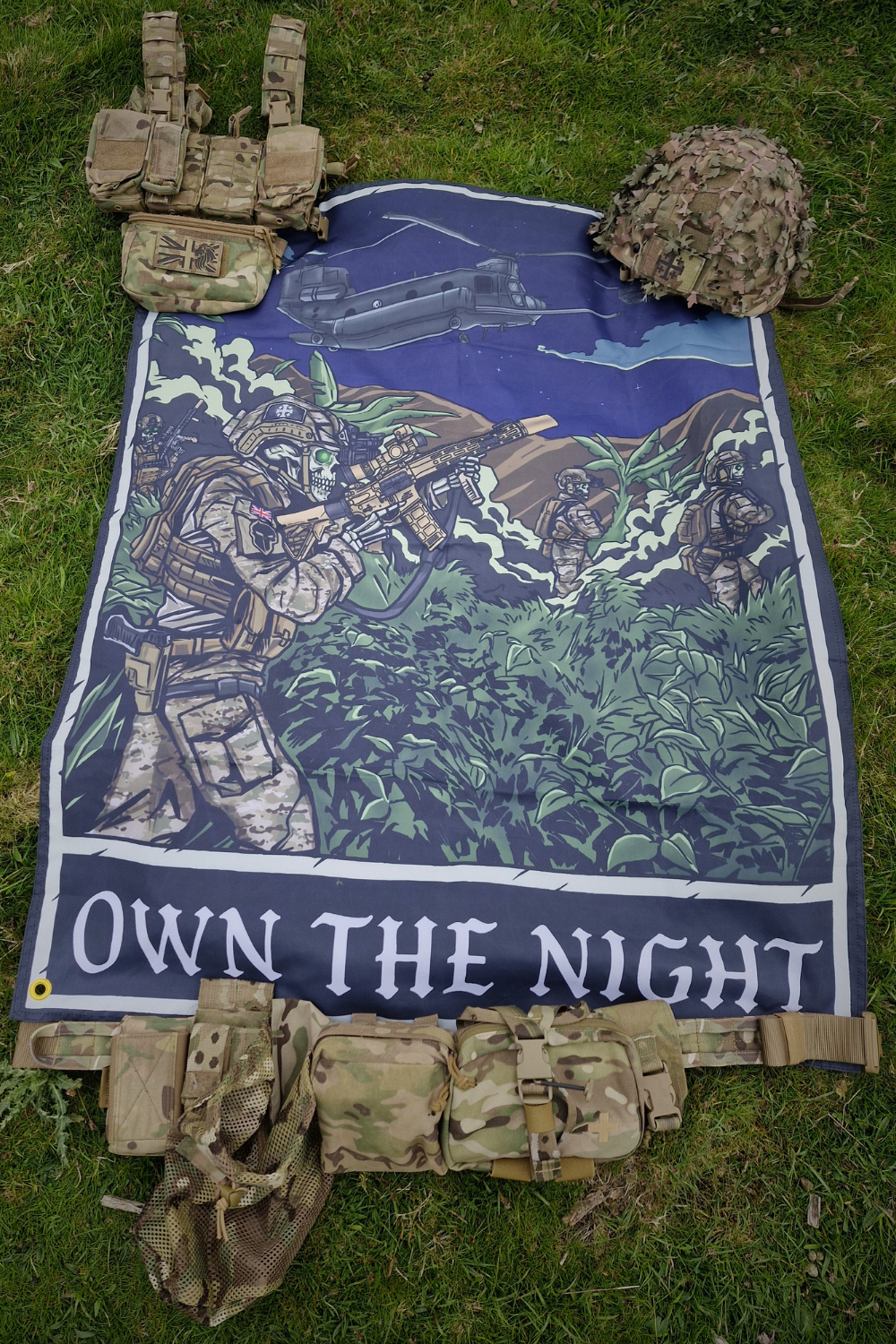 Own the night UKSF flag with british UKSF kit lay out on top of it.