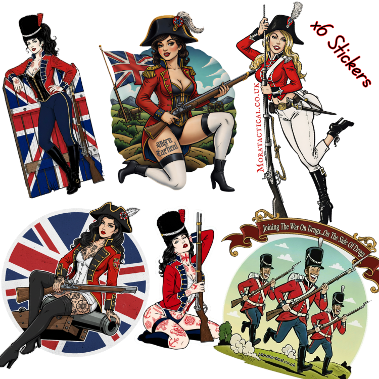 Six stickers of british redcoat pin up girl morale stickers.